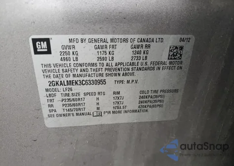 2012 GMC Terrain Sle z USA, uszkodzony, nr VIN 2GKALMEK3C6330955